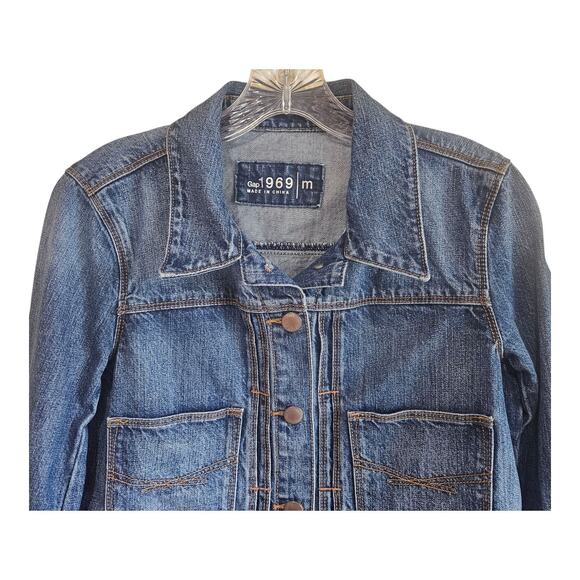 GAP 1969 Women's M Jean Jacket Moto Medium Blue Denim Metal Buttons 36" - Picture 2 of 7